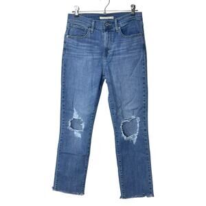 Levis 724 High Rise Straight Leg Button Fly Jeans Distressed Blue Women's 28